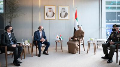 Sheikh Mohamed bin Zayed meets Charalambos Petrides, Minister of Defence of Cyprus, on the sidelines of Idex. Wam