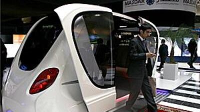 A Personal Rapid Transport (PRT) system pod on display at the World Future Energy Summit in Abu Dhabi. The pods will be the primary mode of transport in Masdar City, the carbon-free, zero-waste community of the future.