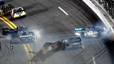 Christopher Bell, 4, flips through the air after a multi-vehicle collision on the front stretch on the final lap during a Nascar truck series auto race in Daytona Beach, Florida. Phelan M. Ebenhack / AP photo