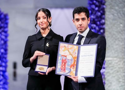 Kiana and Ali Rahmani after collecting their mother's Nobel Peace Prize in Oslo in December 2023. AFP