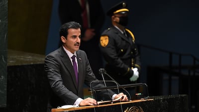 Qatari ruler Sheikh Tamim addresses the session. AP Photo