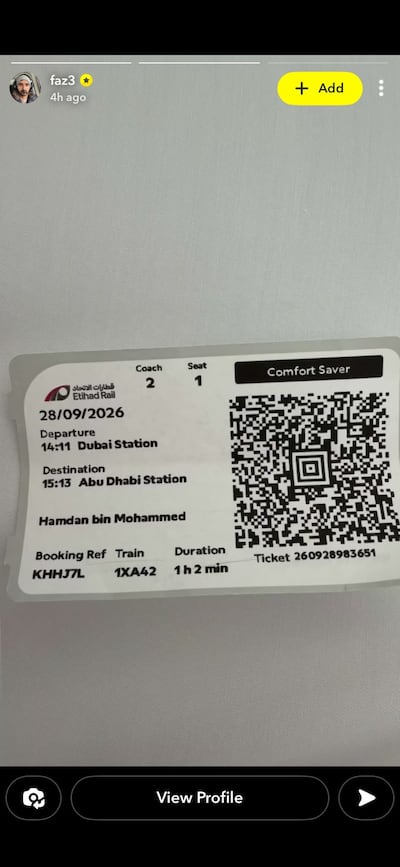 Sheikh Hamdan's Etihad Rail ticket. Photo: Sheikh Hamdan