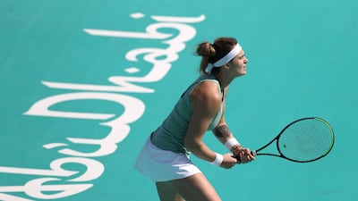 Aryna Sabalenka of Belarus in action against Polona Hercog of Slovenia during their Women's Singles match on Day Two of the Abu Dhabi WTA Women's Tennis Open. Getty Images