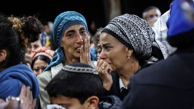 Mourners react during the funeral of Tamir Avichai, one of three Israelis killed in an attack by a Palestinian assailant near the Ariel settlement in the occupied West Bank. AFP