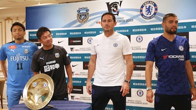 From right to left: Chelsea's Mateo Kovacic, manager Frank Lampard, Kawasaki Frontale manager Toru Oniki and player You Kobayashi at a press conference ahead of the pre-season freindly between the two clubs. AP Photo