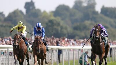 Mutakayyef, centre and shown at a 2016 race in New York, makes his seasonal bow in the Winter Derby at Lingfield Park. Alan Crowhurst / Getty Images