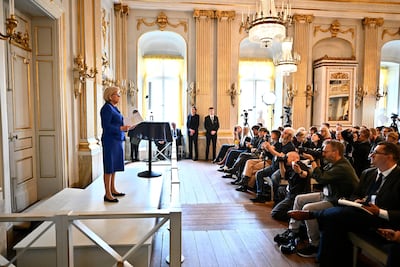 Permanent Secretary of the Swedish Academy Ingrid Carlberg announces Anne Carson as the recipient of the Nobel Prize in Literature. EPA