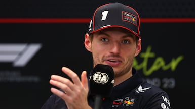 LUSAIL CITY, QATAR - NOVEMBER 30: Race winner Max Verstappen of the Netherlands and Oracle Red Bull Racing in the Drivers Press Conference during the F1 Grand Prix of Qatar at Lusail International Circuit on November 30, 2025 in Lusail City, Qatar. (Photo by Clive Rose / Getty Images)