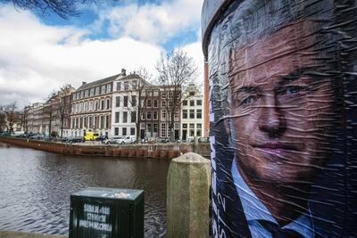 An election campaign poster featuring Geert Wilders, leader of the Dutch far-right Party for Freedom, in Amsterdam. Wilders' party did not fare well in the election. Bloomberg