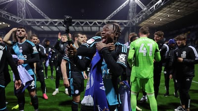 Leicester player Abdul Fatawu takes part in the celebrations at Deepdale. Getty Images