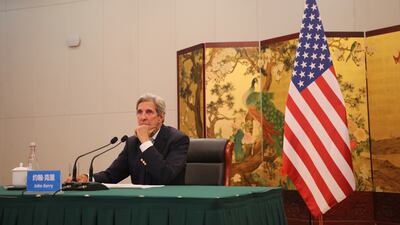 US climate envoy John Kerry attends a meeting via video link with Chinese Director of the Office of the Foreign Affairs Commission Yang Jiechi from Tianjin, China on September 2, 2021. Reuters