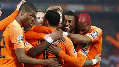 From left: Denzel Dumfries, Depay, de Jong, Wijnaldum and Ryan Babel celebrate during the UEFA EURO 2020 qualifier. EPA