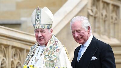 Prince Charles leaves St George's Chapel after the service. EPA