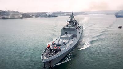 In this photo taken from video and released by the Russian Defense Ministry Press Service on Wednesday, Jan. 26, 2022, The Russian navy's frigate Admiral Essen prepares to sail off for an exercise in the Black Sea. Russia has launched a series of drills amid the tensions over Ukraine and deployed an estimated 100,000 troops near the Ukrainian territory that fueled Western fears of an invasion. (Russian Defense Ministry Press Service via AP)