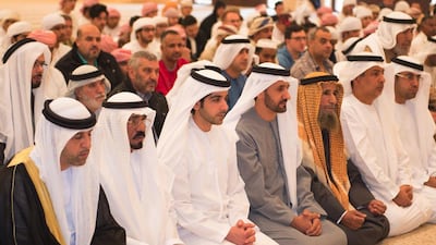 Sheikh Hazza bin Tahnoun, Under-Secretary of the Court of the Ruler’s Representative in the Eastern Region, performs prayers on Tuesday, at the Sheikh Hamdan bin Zayed the First Mosque in Al Ain. Wam