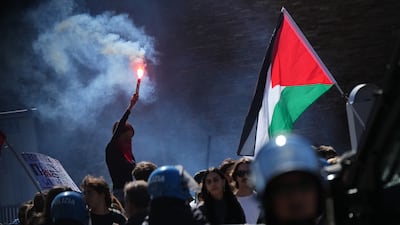 Demonstrators gather in Rome for a national general strike in protest over the situation in Gaza, two days after Israeli forces intercepted an aid flotilla bound for the strip. AP