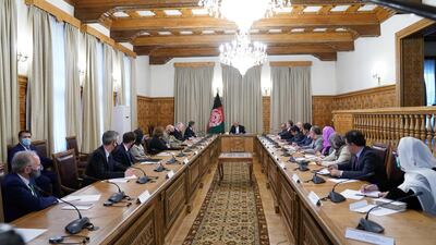 US Secretary of State Antony Blinken (9L) meets with Afghan President Ashraf Ghani (C), in Kabul on April 15. AFP