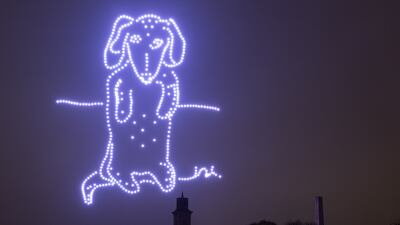 Drones recreate British artist David Hockney’s Diner Dog above Salts Mill, part of Bradford’s 2025 City of Culture programme. EPA