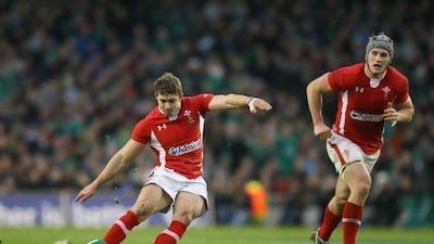Leigh Haflpenny of Wales kicks the last minute match winning penalty during the Six Nations match between Ireland and Wales at the Aviva Stadium.