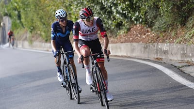 Tadej Pogacar and Enric Mas ride during the 116th edition of the Giro di Lombardia. AFP
