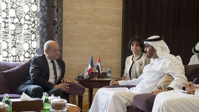 Sheikh Mohammed bin Zayed, Crown Prince of Abu Dhabi and Deputy Supreme Commander of the Armed Forces meets with Jean-Yves Le Drian, French Minister of Defence, in Abu Dhabi. Rashed Al Mansoori / Crown Prince Court - Abu Dhabi