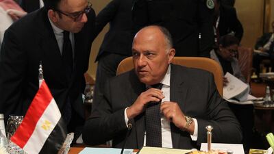 Egyptian foreign minister Sameh Shoukry attends a preparatory meeting of Arab Foreign Ministers in Riyadh, Saudi Arabia on April 12 April. Ahmed Yosri / EPA