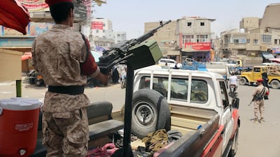 Yemeni military policemen patrol the streets of Taez city, one of the areas secured from rebel control, on March 13, 2018. Ahmad Al Basha / AFP