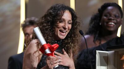 French-Moroccan director Houda Benyamina talks on stage after being awarded with the Camera d’Or. AFP