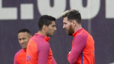 FC Barcelona’s Neymar, Luis Suarez and Lionel Messi at training. Quique Garcia / EPA