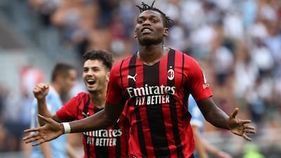 Rafael Leao celebrates after scoring the opening goal for Milan. Getty
