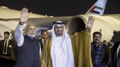 Sheikh Mohammed bin Zayed, Crown Prince of Abu Dhabi and Deputy Supreme Commander of the Armed Forces, is greeted by Indian prime minister Narendra Modi on his arrival in New Delhi. Mohamed Al Hammadi / Crown Prince Court - Abu Dhabi