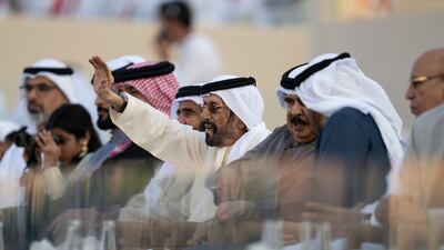 Sheikh Mohamed, King Hamad and Mr Ould Ghazouani, as Sheikh Tahnoon waves to the crowd. Also pictures is Sheikh Khaled bin Mohamed, Crown Prince of Abu Dhabi. Abdulla Al Neyadi / Presidential Court