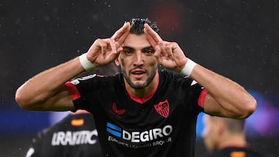 Rafa Mir celebrates after giving Sevilla the lead. Getty