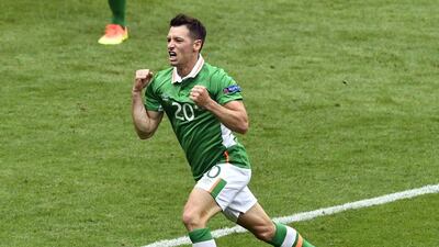 Republic of Ireland’s midfielder Wes Hoolahan celebrates after scoring a goal during the Euro 2016 group E football match between Ireland and Sweden at the Stade de France stadium in Saint-Denis on June 13, 2016. Philippe Lopez / AFP