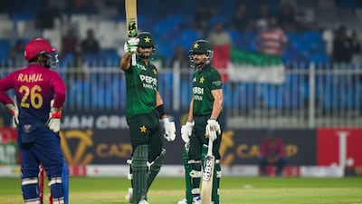Pakistan's Hasan Nawaz celebrates reaching his fifty against UAE in the tri-series clash in Sharjah. Photo: ECB