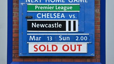 A 'sold out' sign is seen beside information on Chelsea's next home fixture. AFP