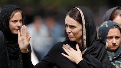 New Zealand Prime Minister Jacinda Ardern waves as she leaves Friday prayers at Hagley Park in Christchurch, New Zealand. AP