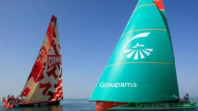 It was just practice, but Groupama, on the right, was quickest on Wednesday as light or little wind continued to make things difficult on the Volvo Ocean Race fleet at Abu Dhabi.