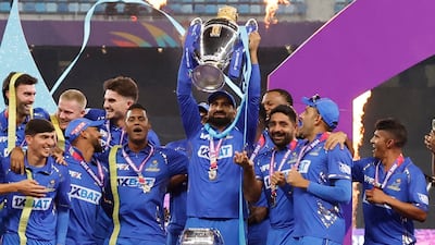 MI Emirates players celebrate winning the 2024 DP World International League T20 final against Dubai Capitals at the Dubai International Stadium on February 17, 2024. Photo: ILT20