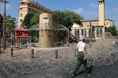 Barbed wire blocks the entrance to the Lebanese parliament during a protest by retired security force members. EPA