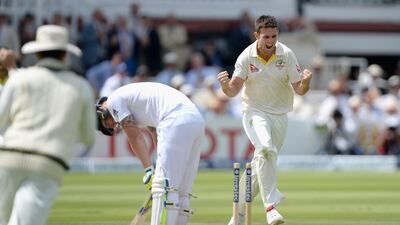 Mitchell Marsh celebrates dismissing Ben Stokes during day three of the 2nd Investec Ashes Test. Gareth Copley / Getty Images