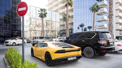 The Lamborghini at the centre of a Dh175,000 of speeding fines parked outside the Five Palm Jumeirah Hotel and Resort in Dubai. Leslie Pableo for The National