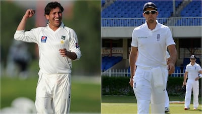England captain Alastair Cook, right, has singled out Yasir Shah, left, as one of Pakistan's danger-men. Gareth Copley / Getty Images