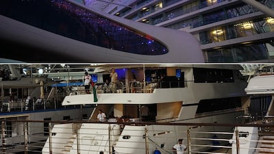 Above, the Yas Viceroy hotel at the Yas Marina Circuit. Below, a yacht party overlooking the circuit. Silvia Razgova / The National; Tom Gandolfini / AFP