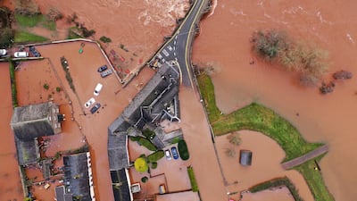 An aerial view of the Welsh village of Crickhowell which has been cut off as the river Usk bursts its banks at Crickhowell bridge near the Bridge End Inn in Crickhowell, Wales. Getty Images