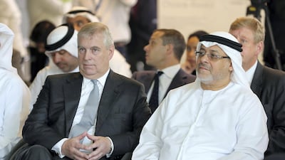Prince Andrew, the Duke of York, and Hussain Al Nowais, Chairman of the Khalifa Fund, during the Pitch@Palace competition held at the Khalifa University in Abu Dhabi. Pawan Singh / The National