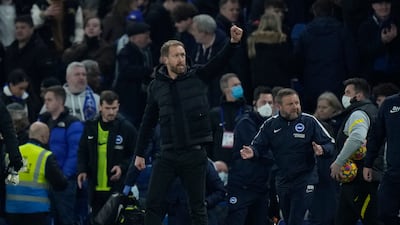 Brighton manager Graham Potter celebrates after Danny Welbeck scored for his team against Chelsea at Stamford Bridge. AP