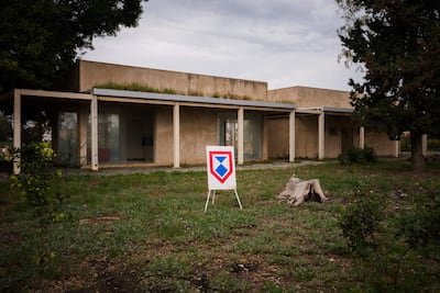 An enhanced protection emblem, used under international humanitarian law to protect sites during armed conflict, at the archaeological Roman hippodrome in Tyre in March. AFP