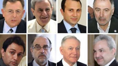 From left to right clockwise: the Lebanese prime minister Fouad Siniora, foreign minister Fawzi Salukh, telecommunications minister Gibran Bassil, labour minister Mohammed Fneish, interior minister Ziad Baroud, finance minister Mohammed Shatah), justice minister Ibrahim Najjar and defence minister Elias Murr.