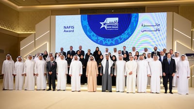 President Sheikh Mohamed with Nafis Award winners during a reception at Qasr Al Watan. Also pictured are Sheikh Mansour bin Zayed, Deputy Prime Minister and Minister of the Presidential Court; Sheikh Maktoum bin Mohammed, Deputy Prime Minister and Minister of Finance; Sheikh Mohammed bin Rashid, Vice President and Ruler of Dubai; Sheikh Saif bin Zayed, Deputy Prime Minister and Minister of Interior; Sheikh Abdullah bin Zayed, Minister of Foreign Affairs and International Co-operation; Yusuff Ali, managing director of Emke Group; Ghannam Al Mazrouei, secretary general of the Emirati Talent Competitiveness Council; Dr Abdulrahman Al Awar, Minister of Human Resources and Emiratisation and other dignitaries. All photos: Presidential Court